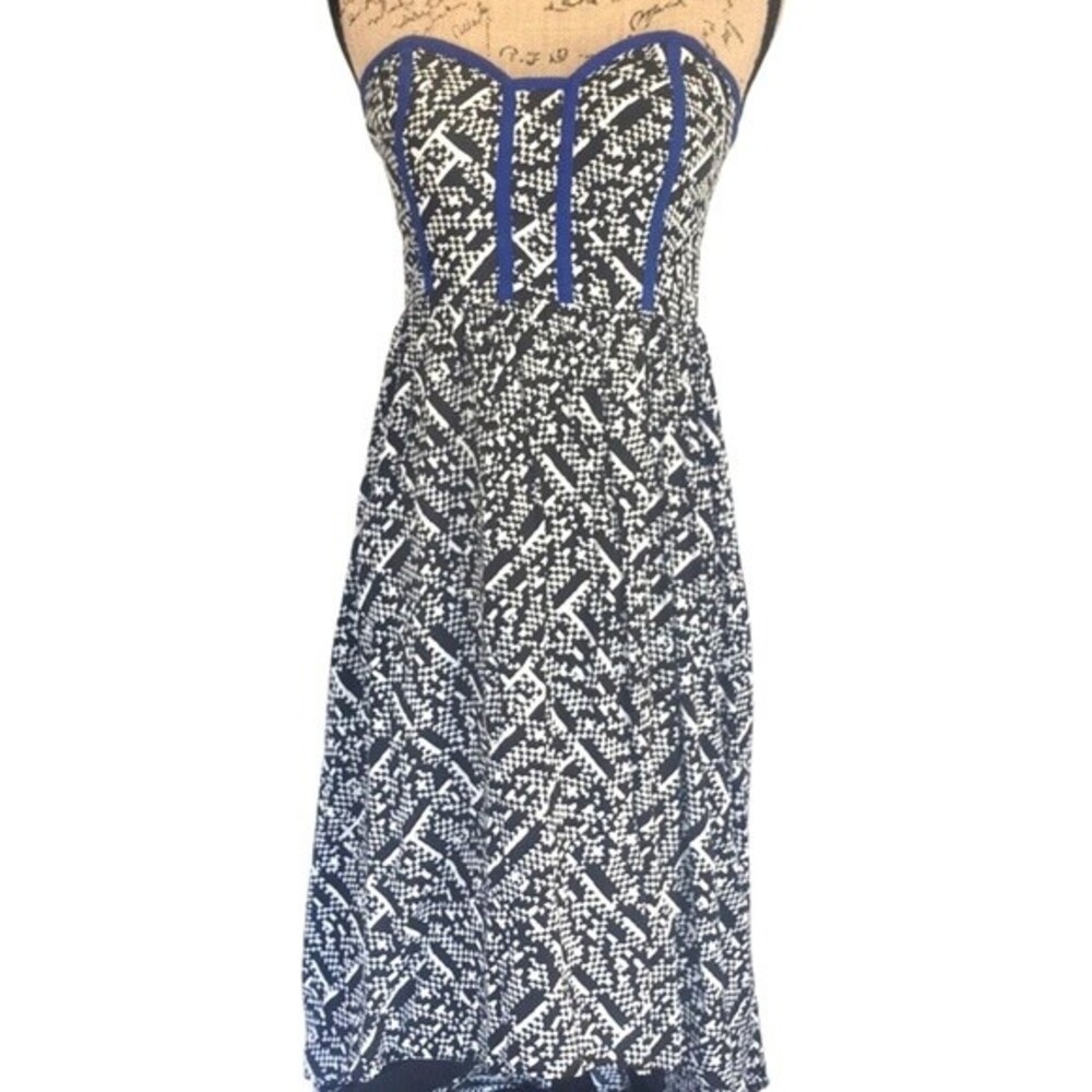 Black and white with royal blue piping corset top high low strapless dress small
